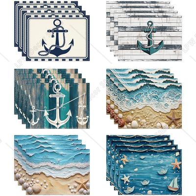 4/6PC Beach and Ocean Print Placemat Linen Beach Shell Plant Table Mat for Season Spring Kitchen Dining Home Tea Table Deco