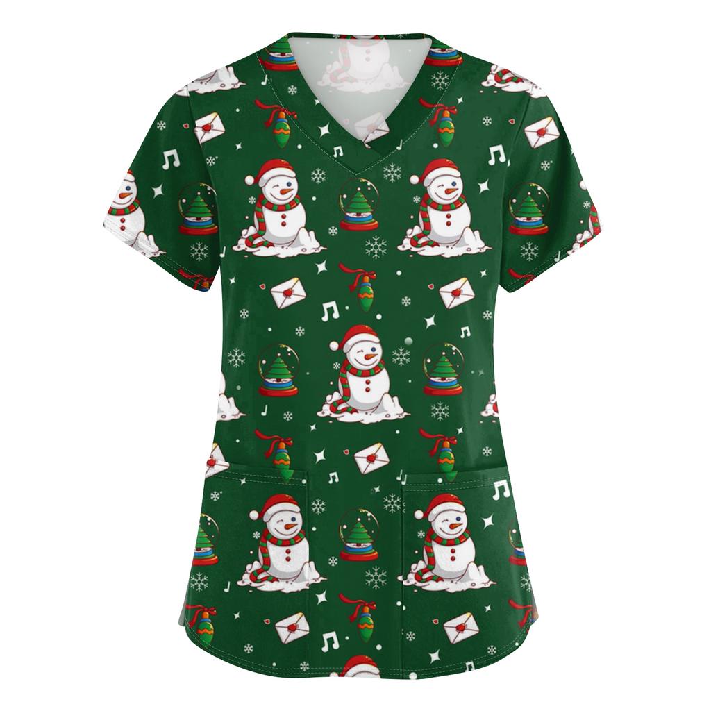 Women's V-neck Christmas Printed Short-sleeved Pocket Side-slit Protective Suit Top