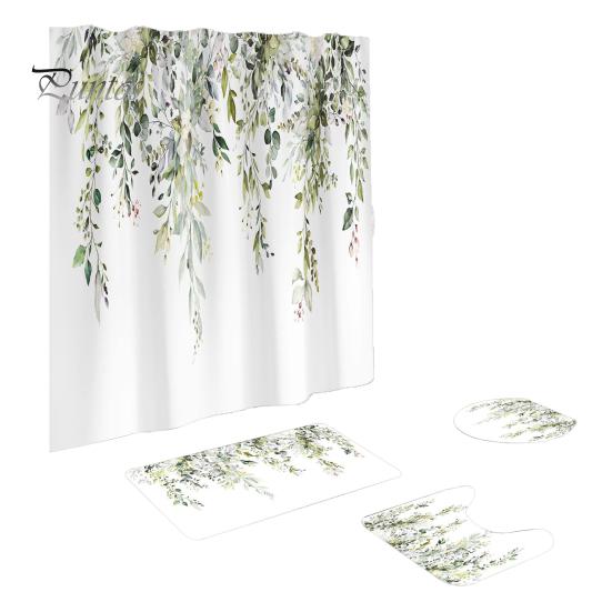 

4 шт./комплект занавесок для ванной комнаты с абстрактным дизайном и принтом листьев, нескользящий коврик для пола, водонепроницаемый, простой в установке и уходе, декор для ванной комнаты, туалет 4pcs зелёный