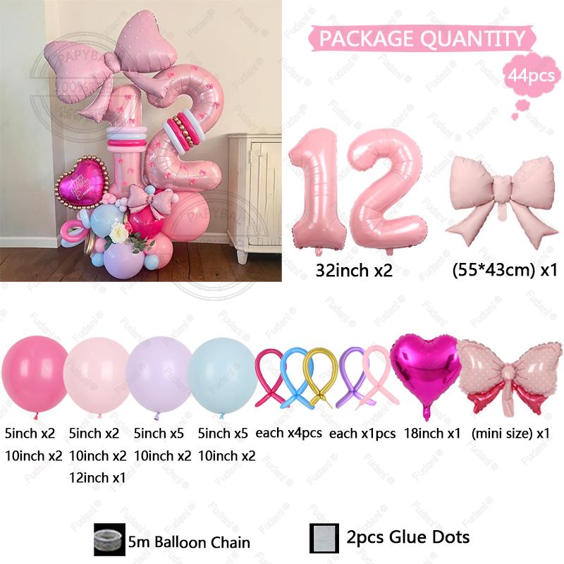 43PCS Pink Bow Theme Bouquet Balloon Set with 32inch Pink Number Girl First Birthday Party Decoration Baby Shower Helium Globos