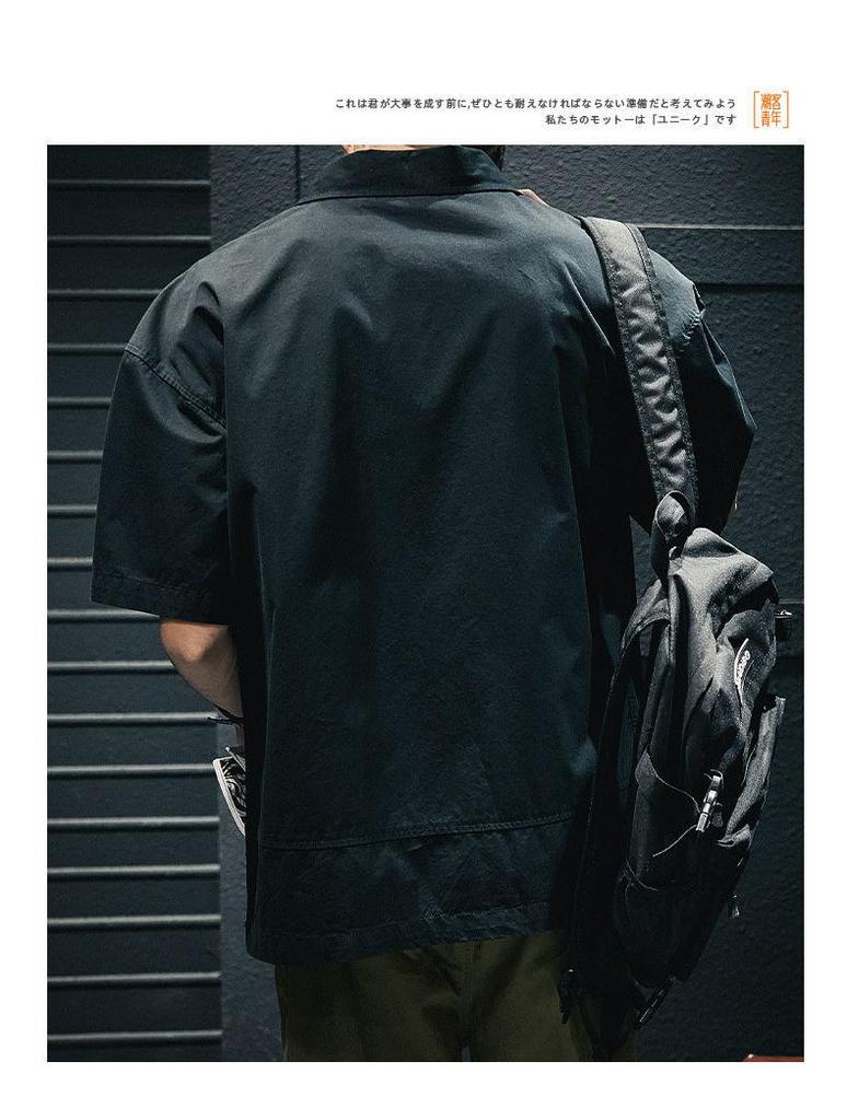 American Casual Men's T-shirt Summer Tooling Style Short Sleeve Pocket Shirt Collar Men's Clothing Loose Plus Size Top