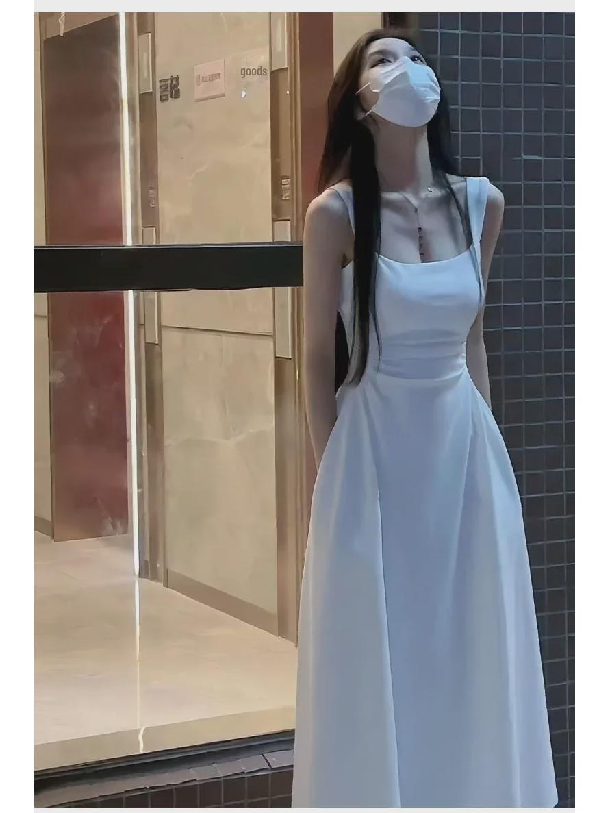 

Женское летнее платье-трапеция во французском стиле 2025 года, белое, на подтяжках L белый