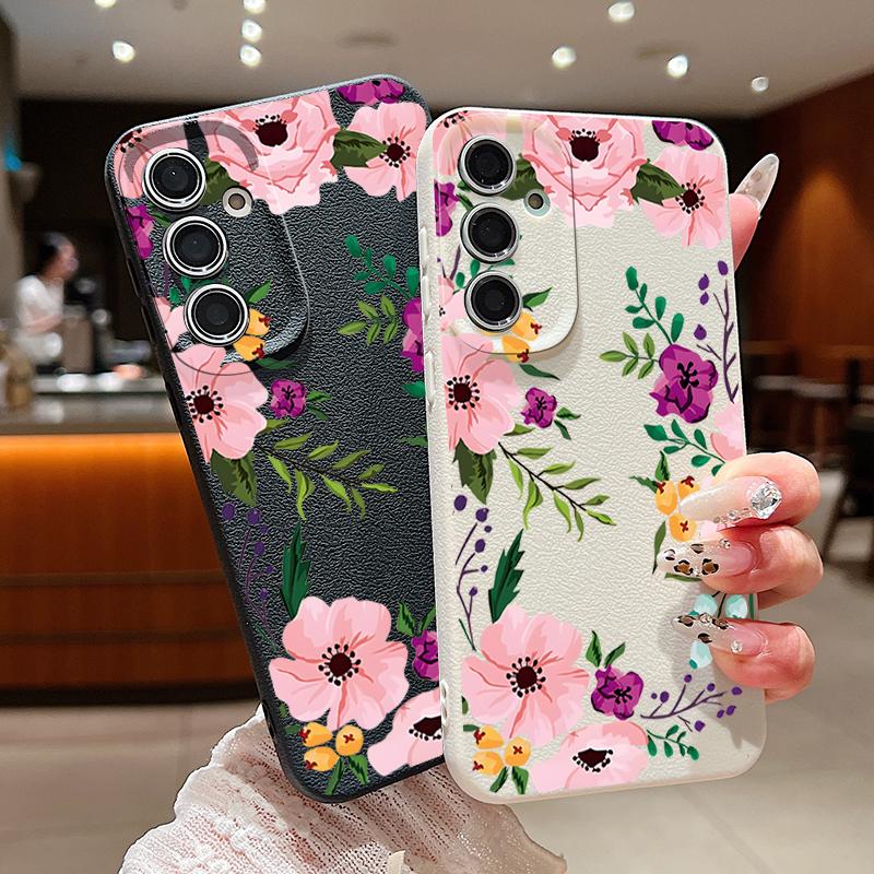 Floral Print Shockproof Phone Case For Samsung S25 Ultra S24 FE S23 S22 A56 A36 A55 A16 A26 A35 Slim Matte Leather Texture TPU Soft Bumper Cover