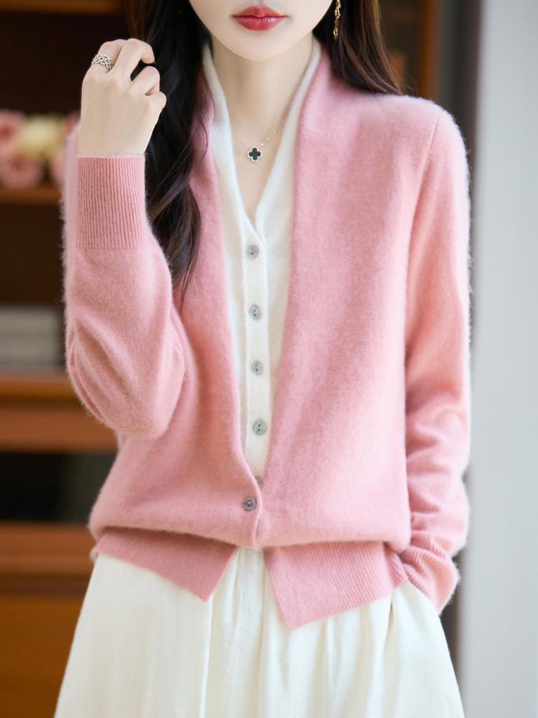 V Yaka Renk Bloklu %100 Yün Örgü Hırka - Sonbahar & Kış İki Parçalı Fransız Günlük Kazak Ceket