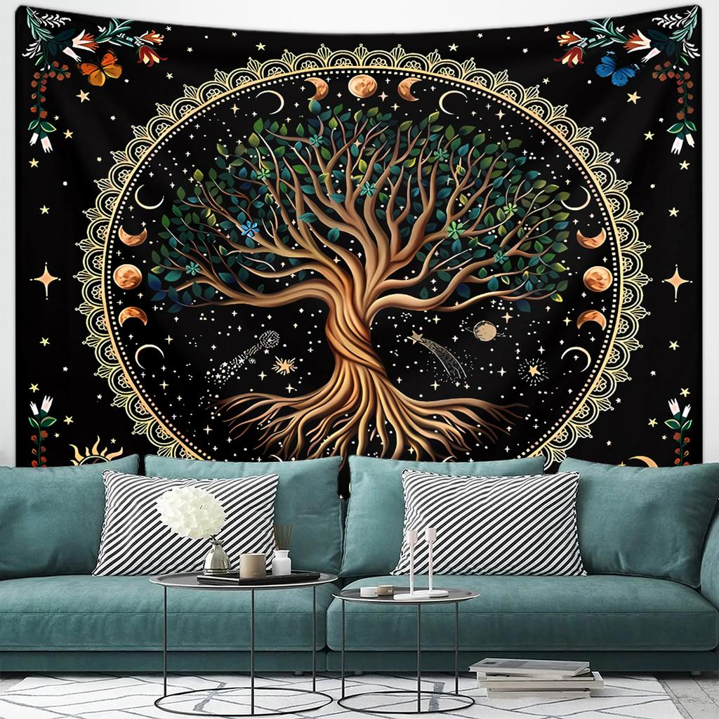 1pc Life Tree Tapestry, Moon Phase Tapestry, Bohemian Wind Starry Sky Tapestry, Fantasy Universe Planet Tapestry