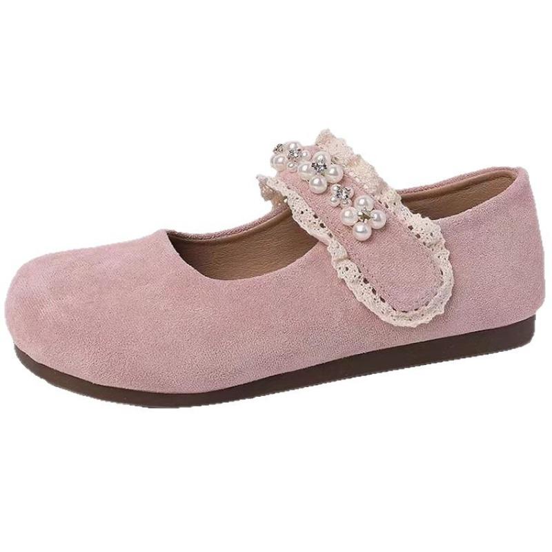 Velcro Flat Mary Jane Single Shoes Women's Autumn New Pearl Shallow Mouth with Skirt Versatile Beanie Shoes