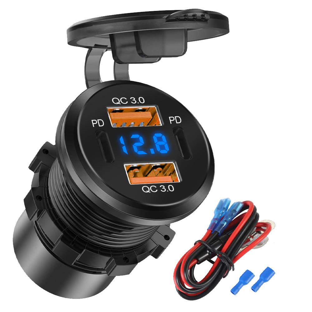 4-Ports USB Quick Chargerwith LED Voltmeter Dual PD And Dual QC3.0 Fast Charge Adapter Waterproof For Car Boat And Motorcycle 12/24V