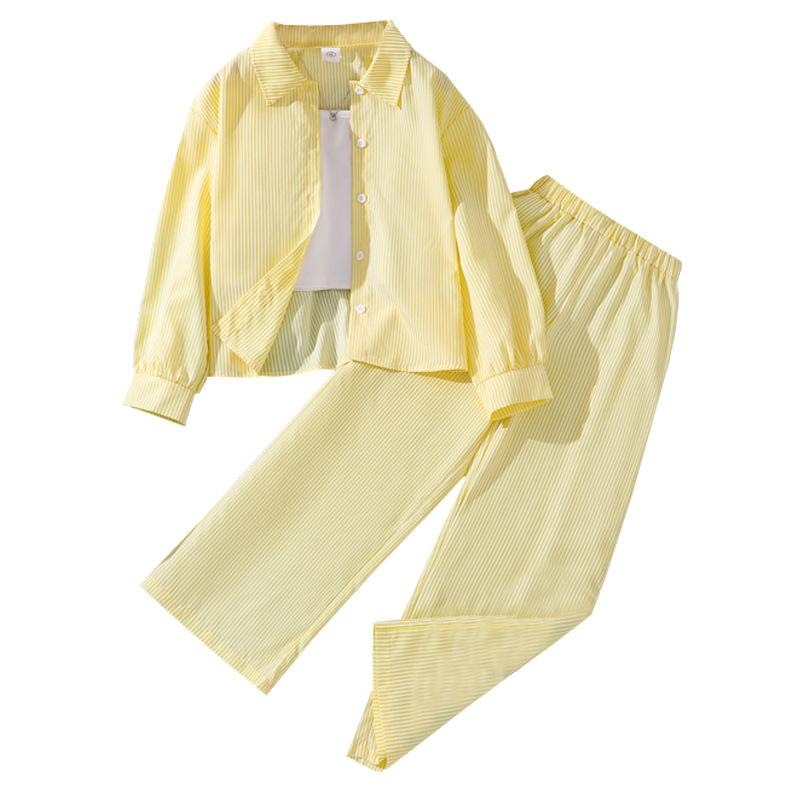 Girls' Fashion Suit 2025 Spring Children's Casual Striped Long Sleeve Shirt and Pants Suit