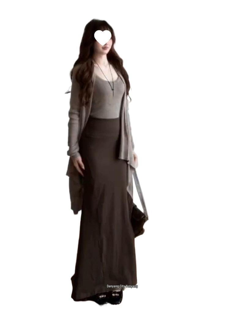 Relaxed Vintage Three-Piece Set: Cardigan, Tank Top & Midi Skirt