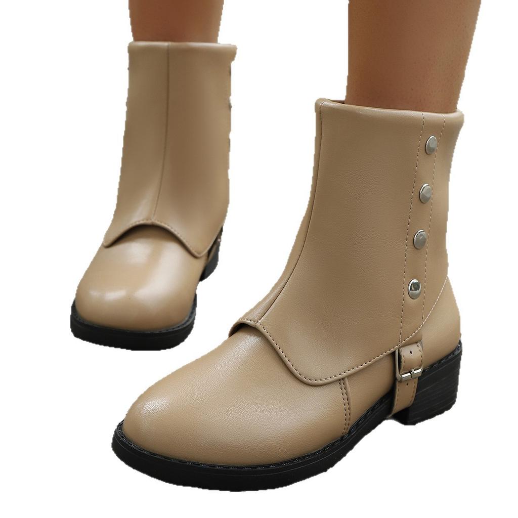 Fashion Fashion Autumn Rivet Riding Boots Plus Size Women Ankle Boots Belt Buckle Low Heel Slip-on Bootie British Outdoor Ladies Shoes