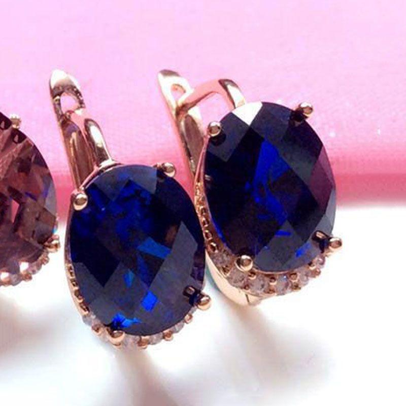 Purple Gold-Plated Rose Gold Inlaid With Smoke Blue Stone Egg Surface Temperament Style Fashion Trend Colored Gold Ear Buckle