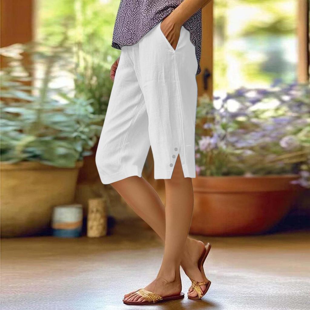 Women Drawstring Waist Cotton Linen Casual Loose Fit Straight Leg Shorts with Pockets and Side Button for Home Wear