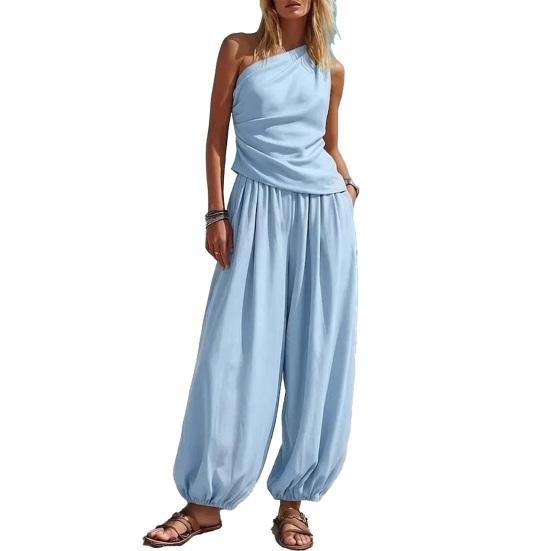 

Women Tank Top Pants Two Piece Set Summer One-shoulder Sleeveless Shirt Trousers Solid Color Breathable Loose Casual Top Pants Suit M