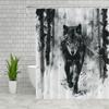 Wild Animals Shower Curtains Chinese Ink Painting Black Wolf Winter Outdoor Nature Landscape Watercolour Pattern Bathroom Decor