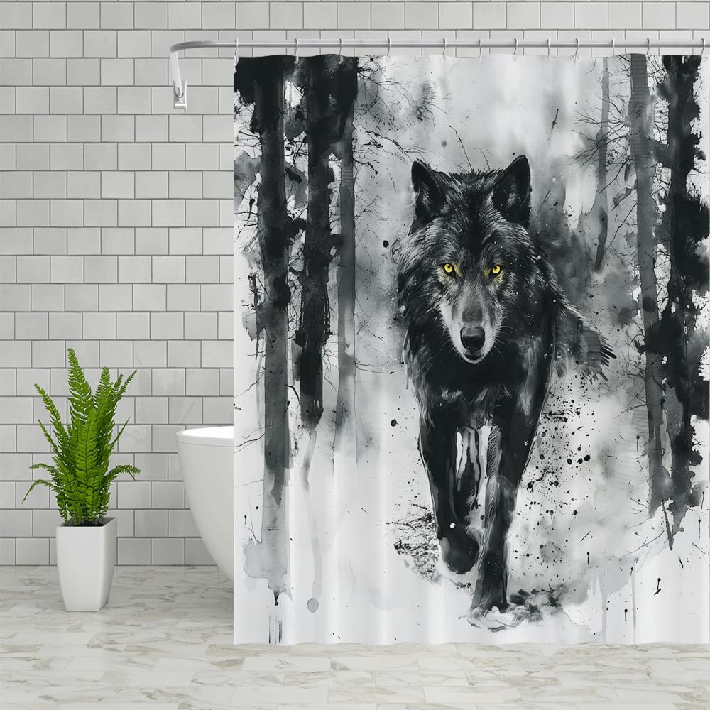 Wild Animals Shower Curtains Chinese Ink Painting Black Wolf Winter Outdoor Nature Landscape Watercolour Pattern Bathroom Decor