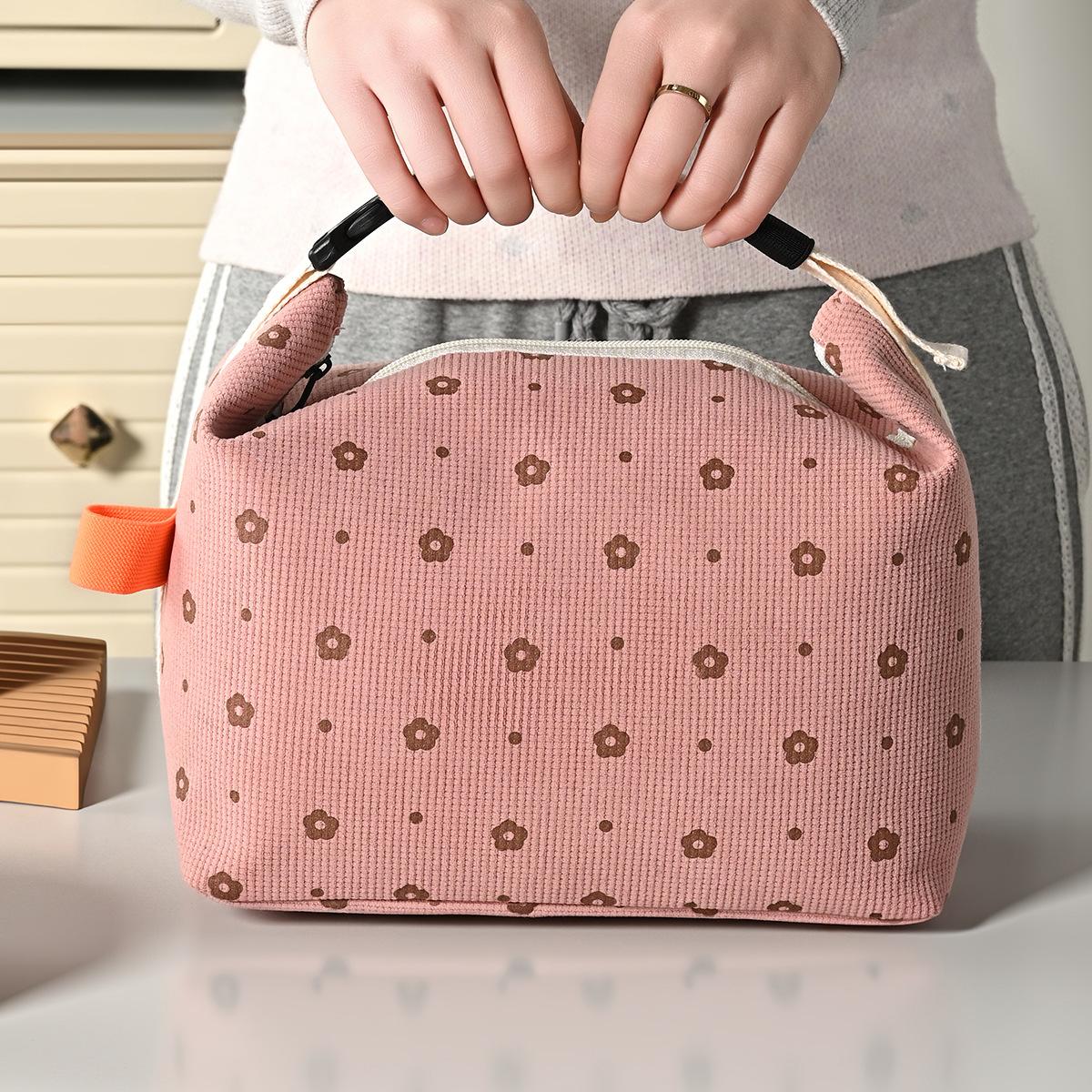 Sac à lunch en velours côtelé floral imprimé Sacs à main pour nourriture Sac à lunch thermique portable Sac isotherme étanche pour glace rose