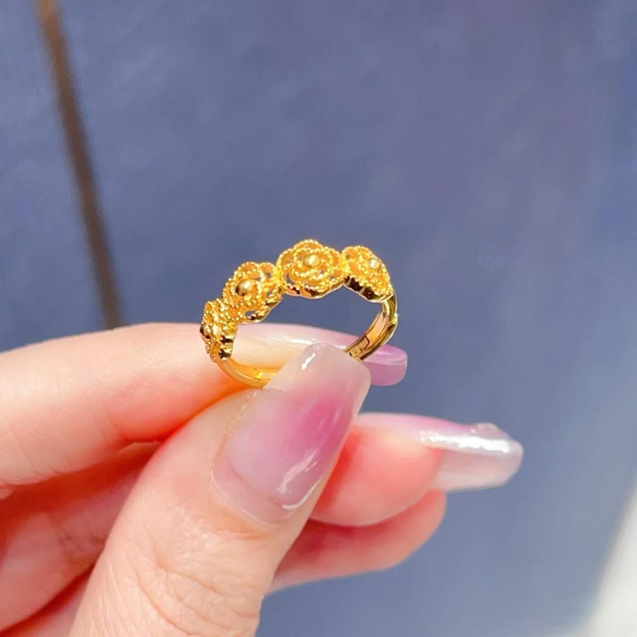 Elegant Open Ring with Rose Flower & Gold Coin, Vietnam Sand Gold Four-Leaf Clover Design for Women Adjustable