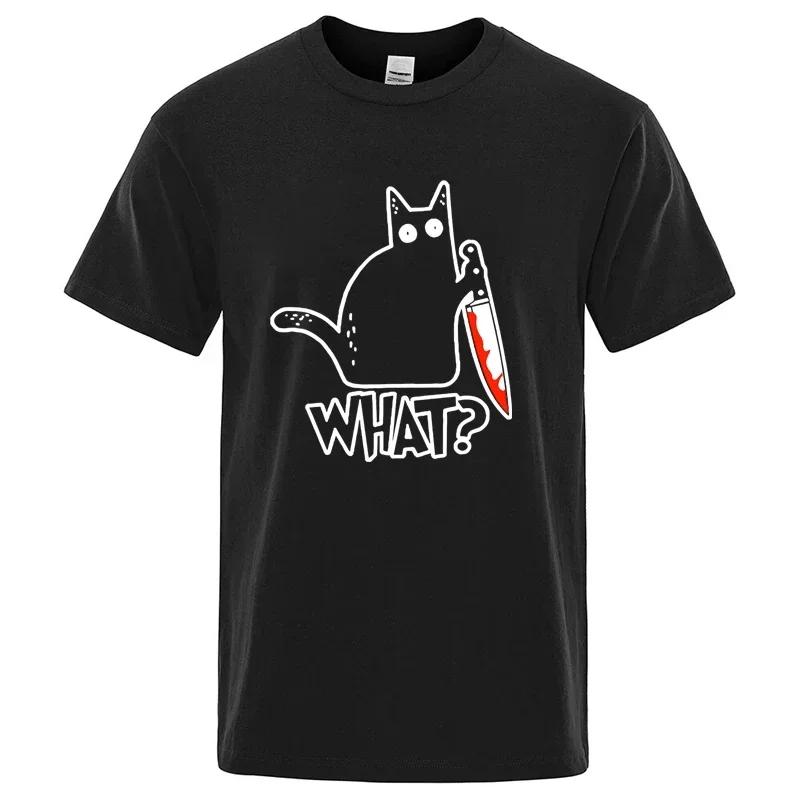 Cartoon Black Cat Hold Bloody Knife WHAT Print Casual Short Sleeve Tees Men Women Funny Streetw
