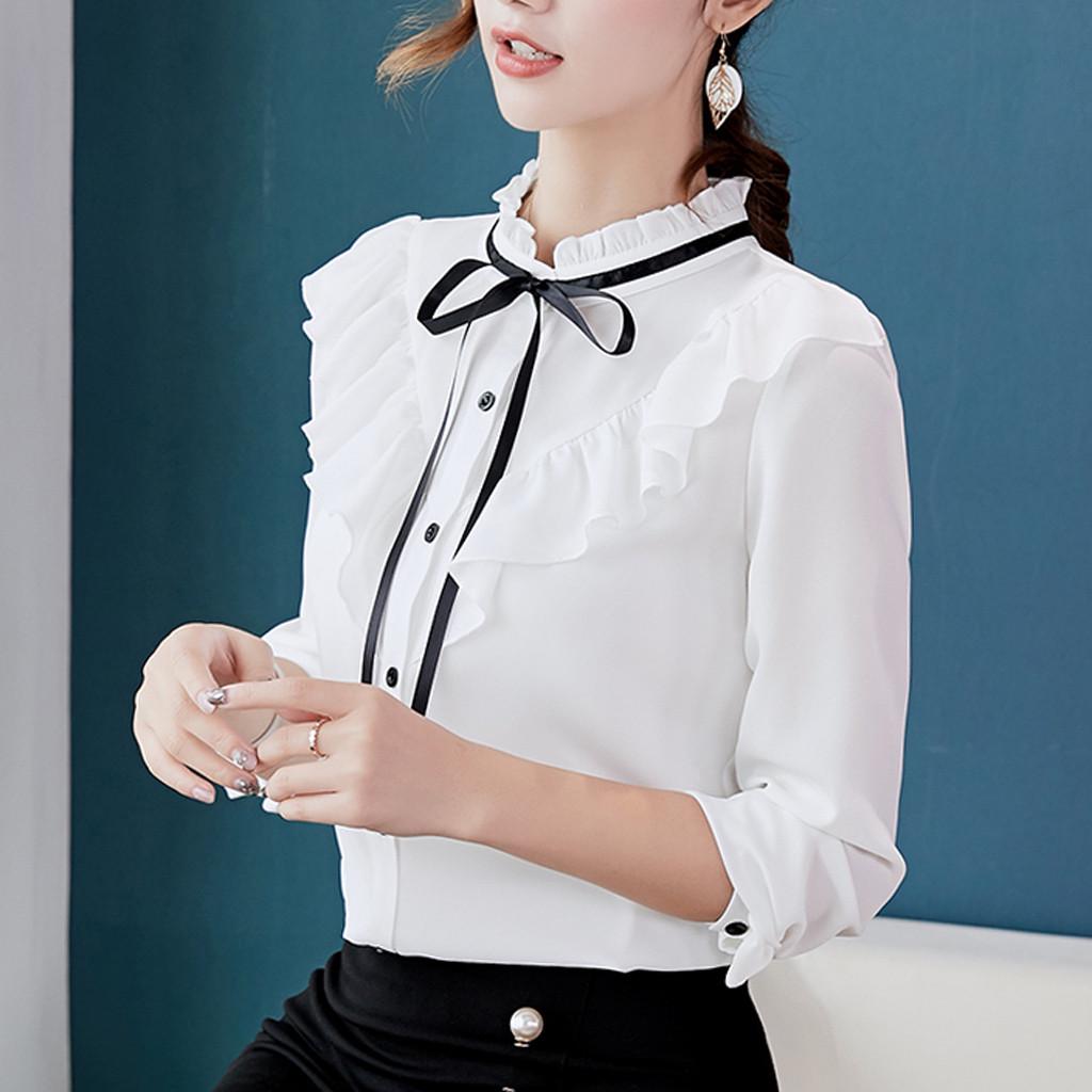 Women Work Long Sleeve Bow Tie Ruffles Chiffon Blouse Tee Shirt Top