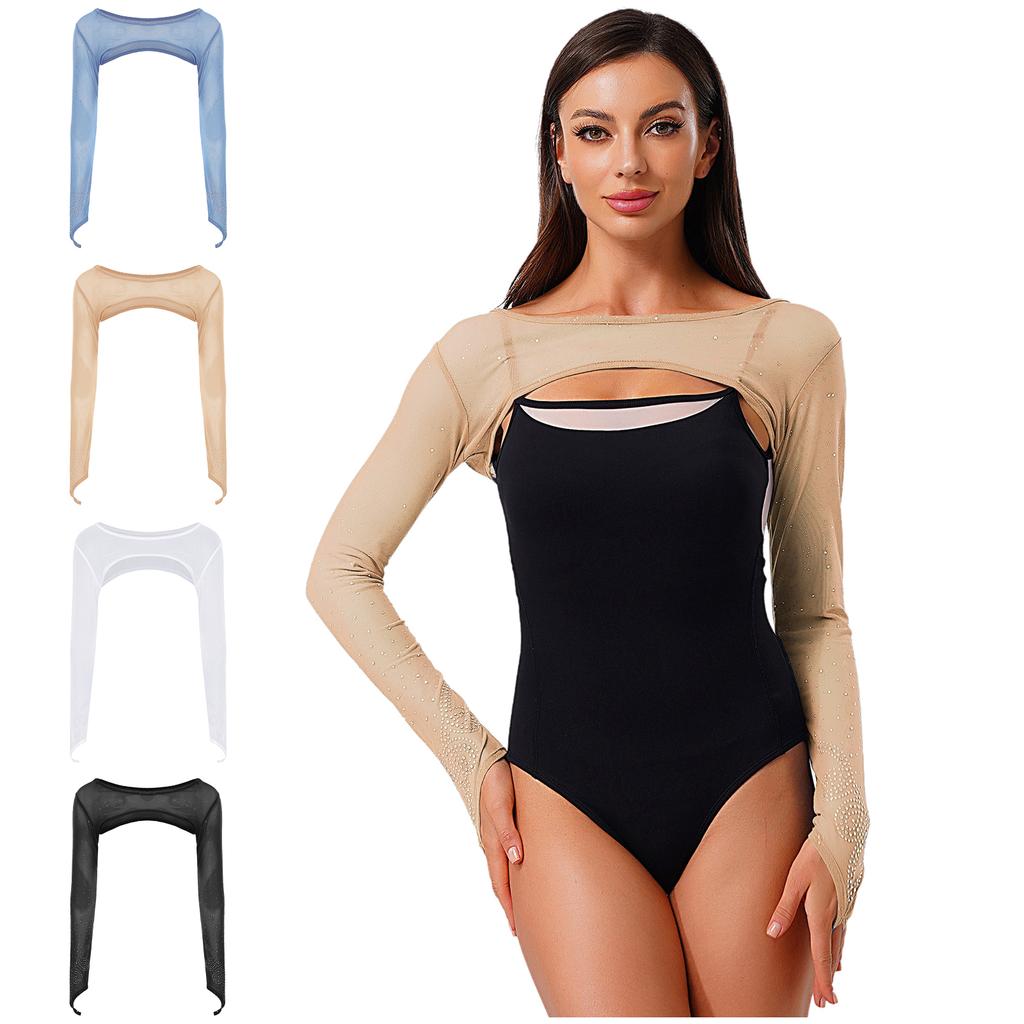 Dámský třpytivý síťovaný crop top s kamínky, dlouhým rukávem, na tanec, s poutkem na prst, pulovr, přehozený přes ramena, kryt ramen