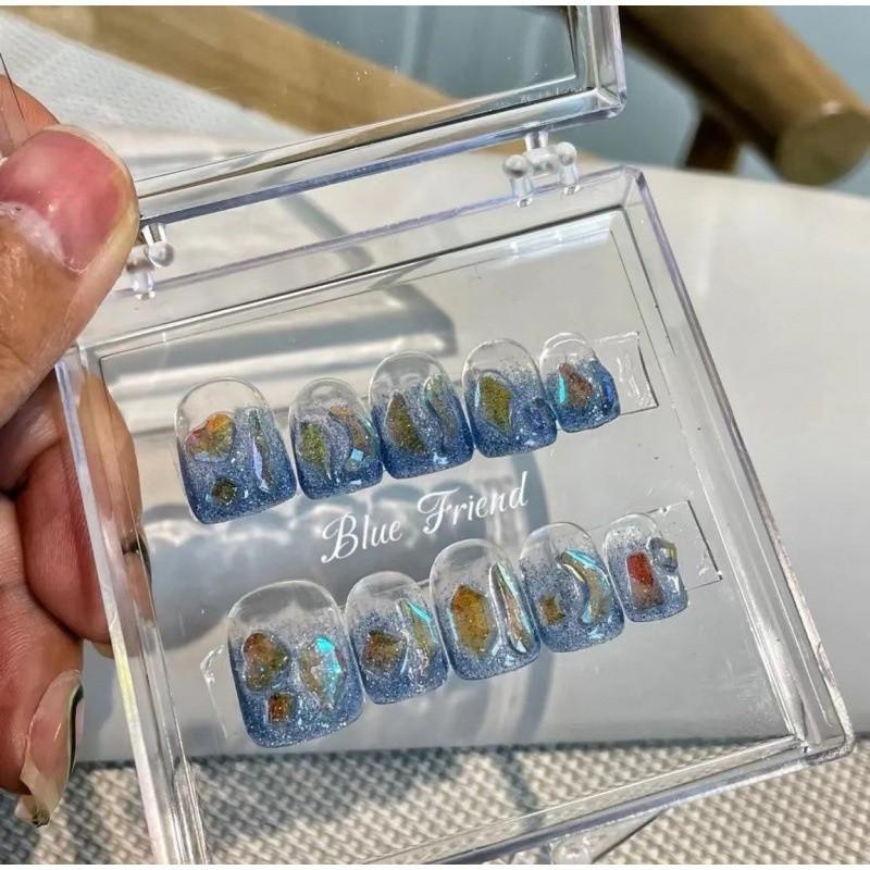 100% HANDMADE Short Round Fake Nail Set With Glue Star Ice Cream Blue&Yellow Cute gentle summer spring sea ocean diamond press on Nails Reusable