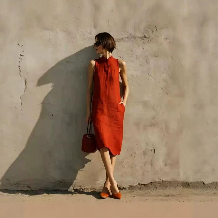 Women's Linen Blend Sleeveless Stand Collar Midi Dress with Button Detail and Pockets