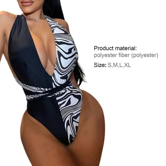 Deep V-neck Long Bandage Padded Sexy Monokini Women Snakeskin Patchwork Print