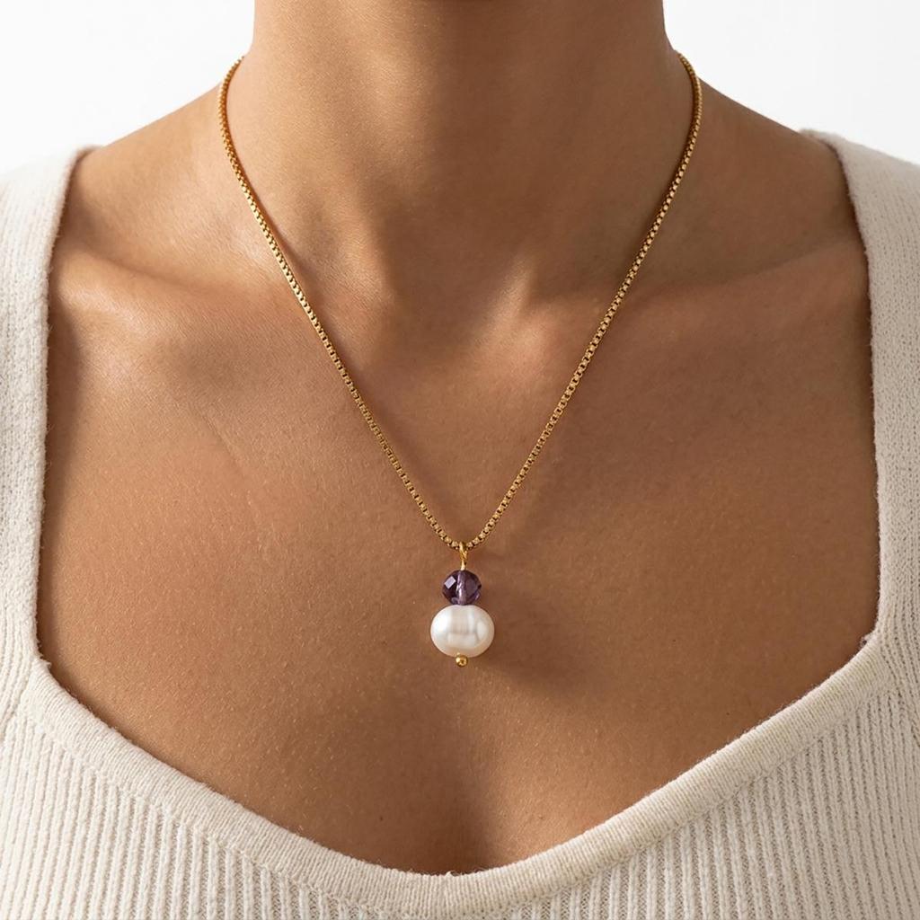 European Style Natural Pearl & Multicolor Crystal Necklace - Stainless Steel Women's Clavicle Chain