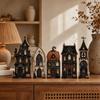 Houten Halloween Huis Tafelblad Dorp Set van 6, Vintage Decor voor Planken Schoorsteenmantel
