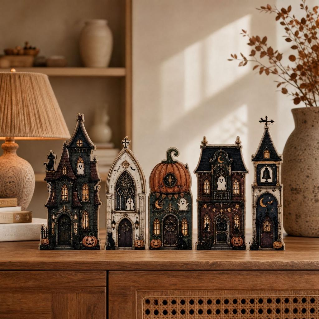 Houten Halloween Huis Tafelblad Dorp Set van 6, Vintage Decor voor Planken Schoorsteenmantel