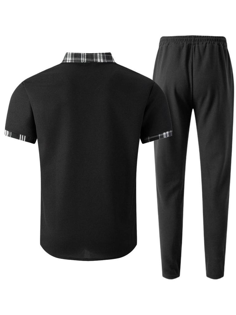 Men's Plaid Color Block Waffle Short Sleeve Cardigan Shirt & Long Pants Casual Set