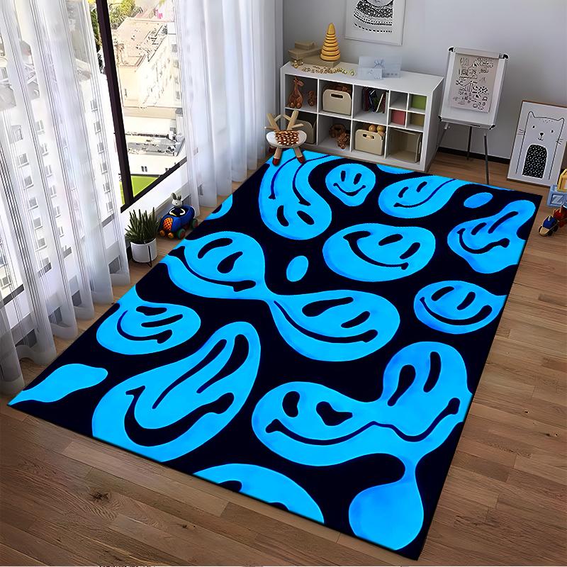 "Blue Smiley Face Pattern Carpet, Abstract Style Home Decor" Suitable for use as an anti-slip for living room bedroom sofas