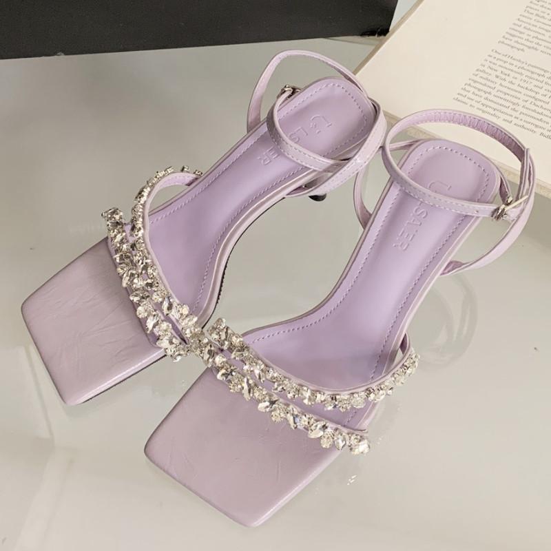 Fashion Luxury Rhinestone Ankle Strap Women Sandals High Quality Square Toe Buckle Thin Heel Slide Sandals Fashion Comfort Banquet Shoes