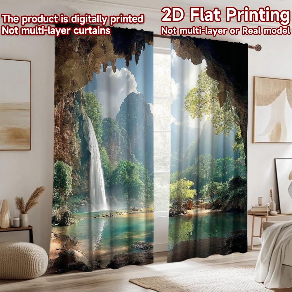 2D Flat Printing 2pcs Party Curtain Cave Waterfall Scenic Mountain Digital Printed Polyester Drapes Festive Holiday Use for