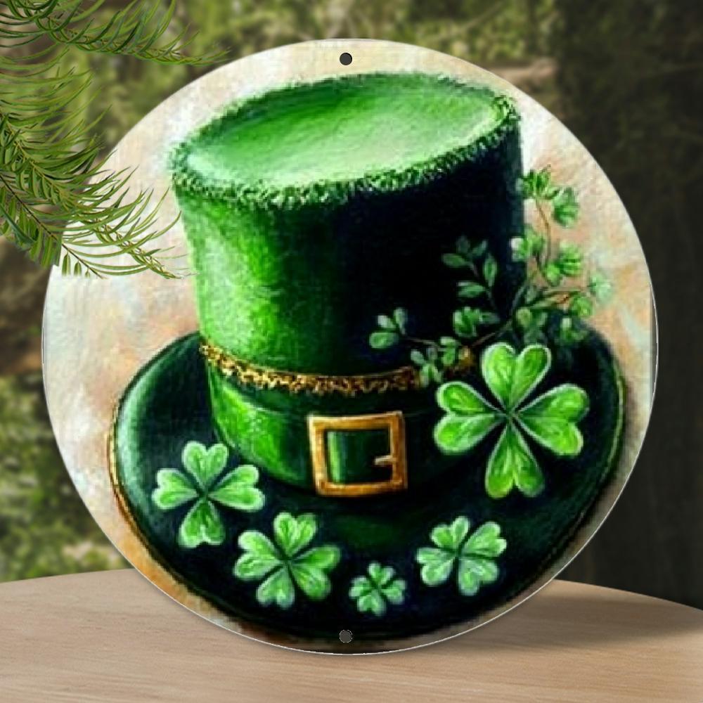 D Flat Cute Highland Cow with Shamrock Hat Round Tin Sign St Patricks Day Metal Wall Art for Irish Decor Farmhouse Accent a