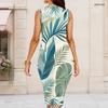 Women Plus Size Round Neck Sleeveless Tropical Leaf Printed Bodycon Midi Dress