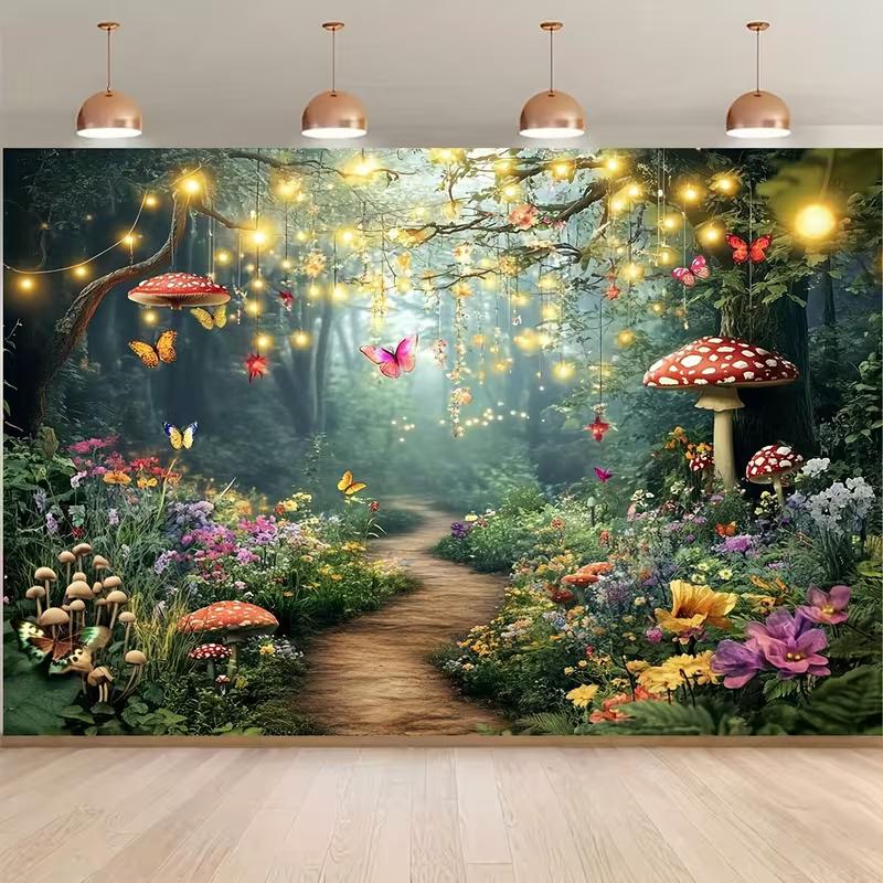 2D Printed Enchanted Fairy Forest Backdrop, Glowing Firefly & Mushroom Path Photo Background for Studio