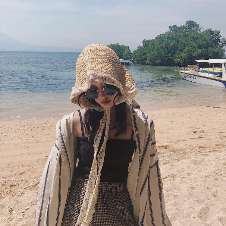 

Straw hat female summer lace strap beach hat small fresh seaside vacation sunscreen visor hat strap Children (48-52cm) бежевий