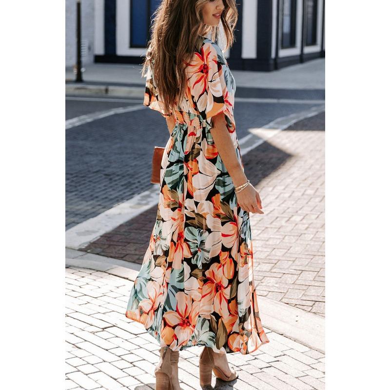 Letní dámské sexy módní šaty s vysokým pasem, s potiskem a rozparkem pro ženy, ležérní šaty