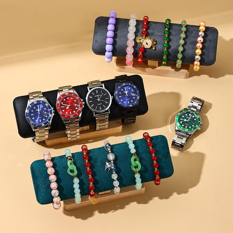 T-Shaped Bracelet Watch Display Rack Wooden Base PU Leather Jewelry Organizer for Retail Store Home Storage