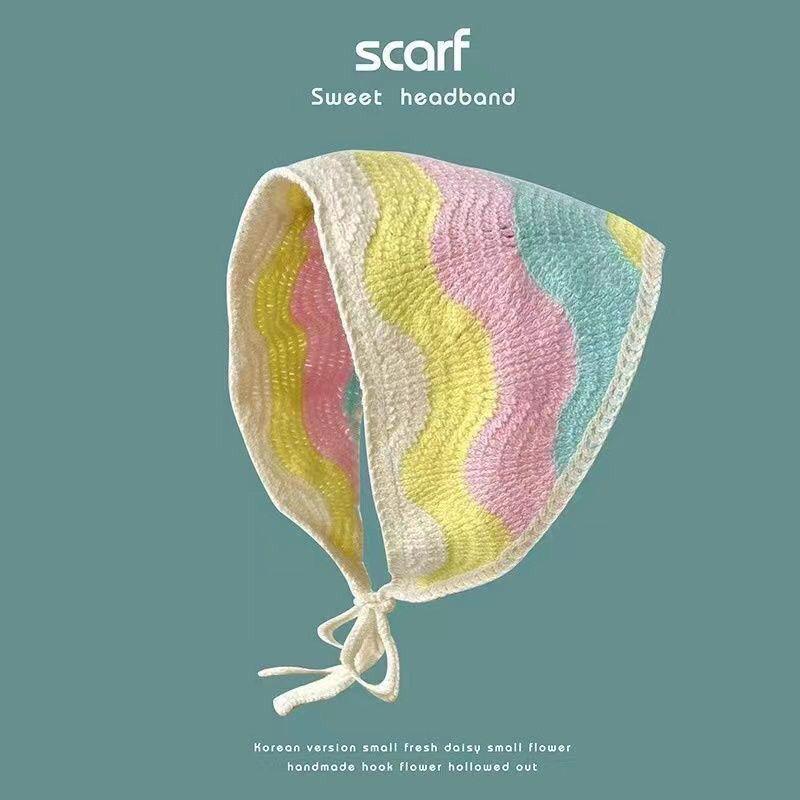 Korean Style Knitted Crochet Triangle Scarf: Women's Sweet Flower Headscarf Hat
