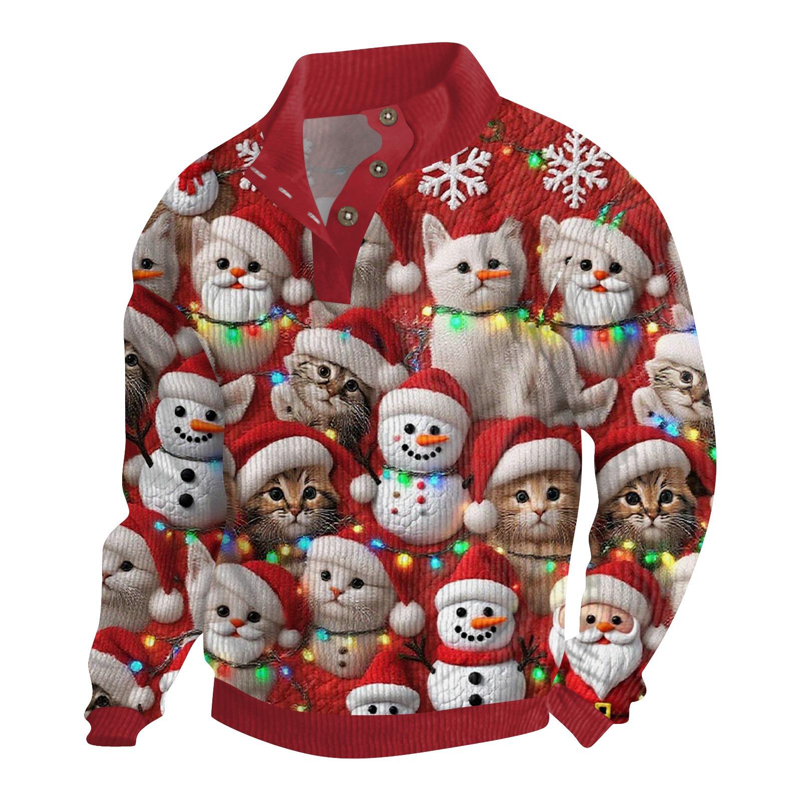 

Мужская рождественская хлопковая рубашка-пуловер с длинным рукавом для активного отдыха, винтажная вельветовая рубашка с воротником-стойкой и пуговицами, повседневная толстовка с рождественским принтом XL красный