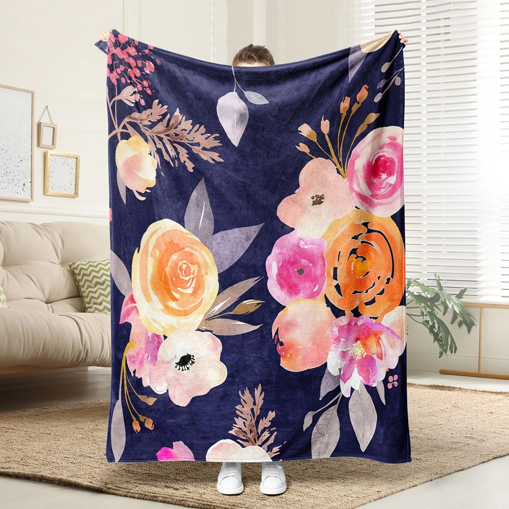 1pc Floral Print Blanket - Navy Blue Floral Pattern with Pink, Peach, Orange, Green - Soft & Breathable All-Season Throw - Machi