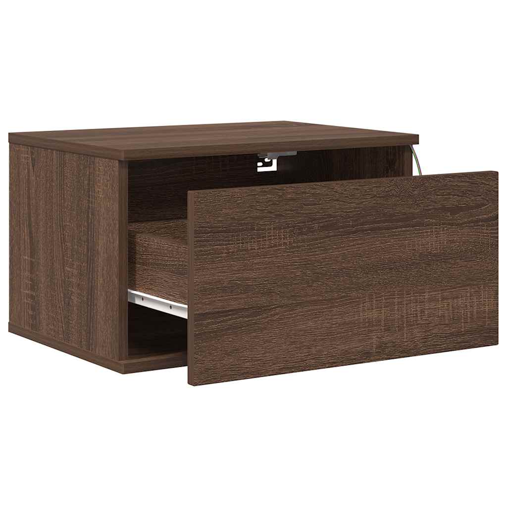 Wall Mounted Nightstand with LED Lights Brown Oak Effect