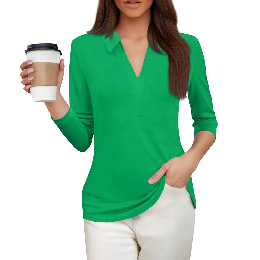 Women's Fashion Casual Lapel Short 3/4 Sleeve Color Shirt Women's V-Neck Tops