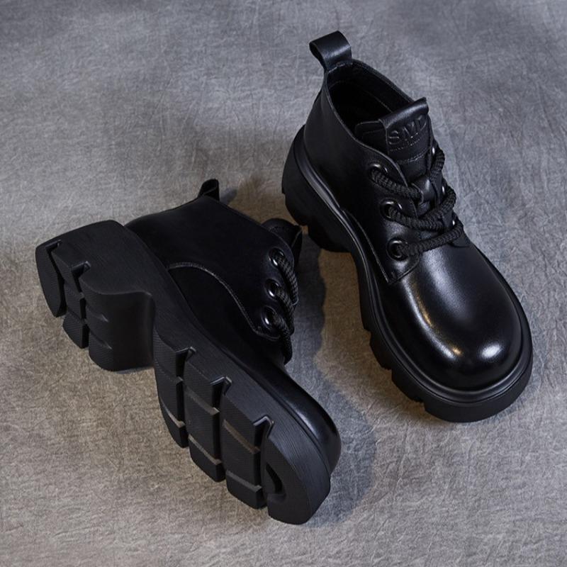 Genuine Leather High-top Platform Ankle Boots with Thick Soles Stylish Lace-up Design British Retro Style