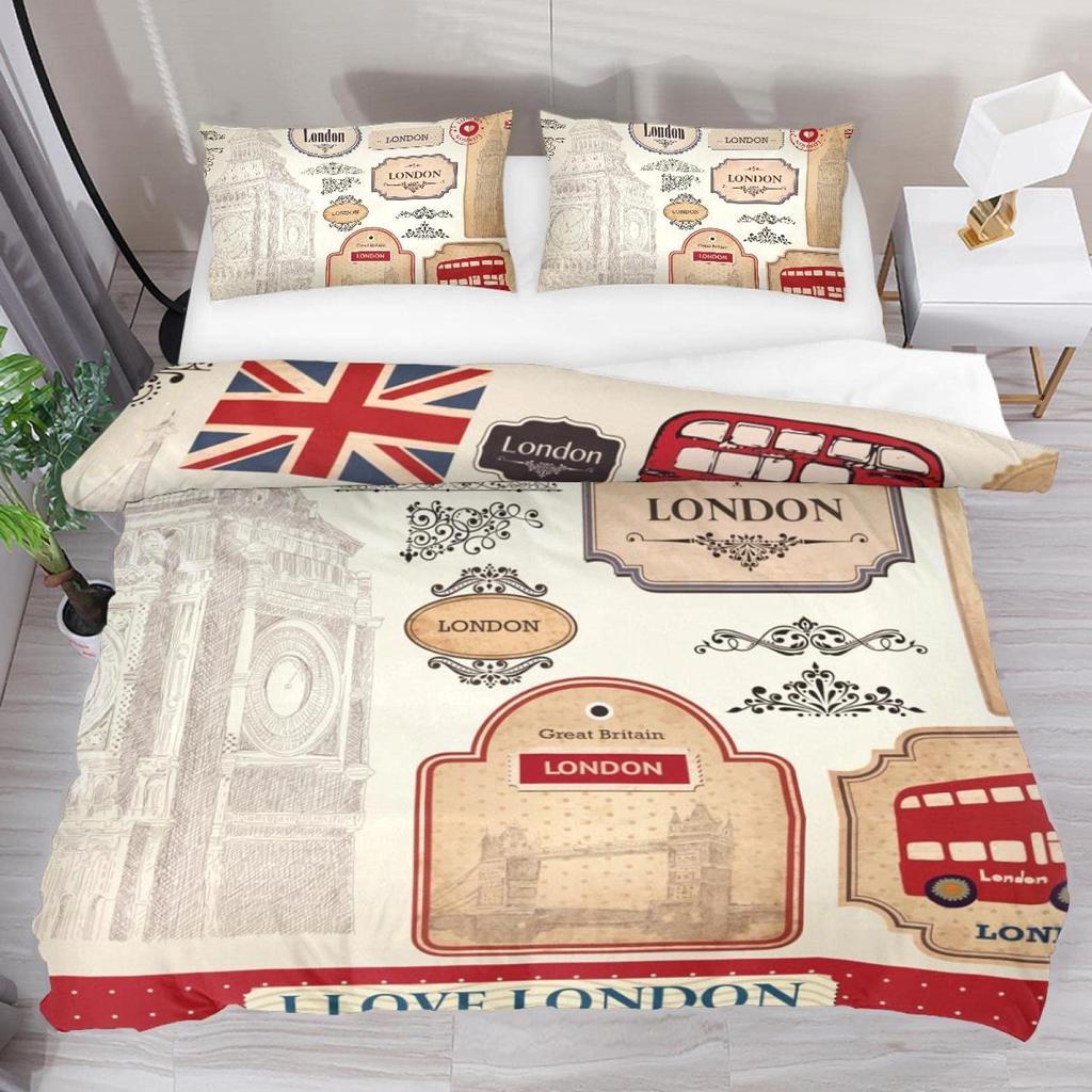 London Duvet Cover Set Queen Size Telephone Booth Big Ben Bus Print Bedding Set 3pcs,Modern City Quilt Cover with 2 Pillowcases