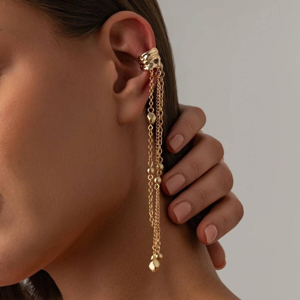 KunJoe Trendy Exquisite Long Tassel CCB Beads Chain Ear Clip Earring Women Charm 1PC Ear Cuff C-Shape No Piercing Earing Jewelry