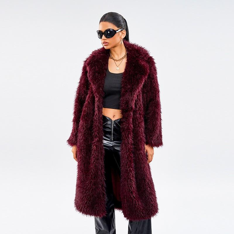 Womens Faux Fur Coat Longline Stylish Winter Outerwear With Fringe Detail Wine Red Gray Cream Beige Black S M L XL XXL