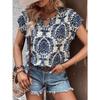 Women's Fashion Casual Summer Spring Flower Pattern Print Short Sleeve V-Neck Blouses & Shirts